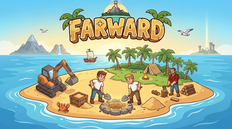 Concept art: an island with brick houses under construction, an excavator, two workers digging and a lumberjack.