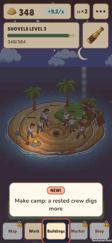 The island at night: blue sea, a lit campfire on the south shore with an old radio beside it, its dial glowing, and four workers digging.