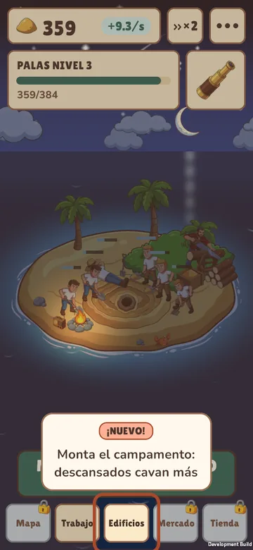 La isla de noche: mar azul, una hoguera encendida en la orilla sur con una radio vieja al lado, el dial encendido, y cuatro trabajadores cavando.