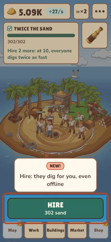 The game on a phone: a sand island with palm trees, workers digging, a wooden crane and a Hire button.