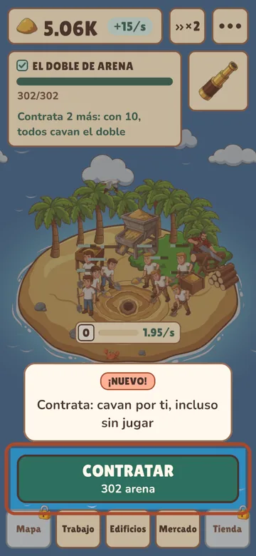 El juego en un móvil: una isla de arena con palmeras, trabajadores cavando, una excavadora y el botón Contratar.