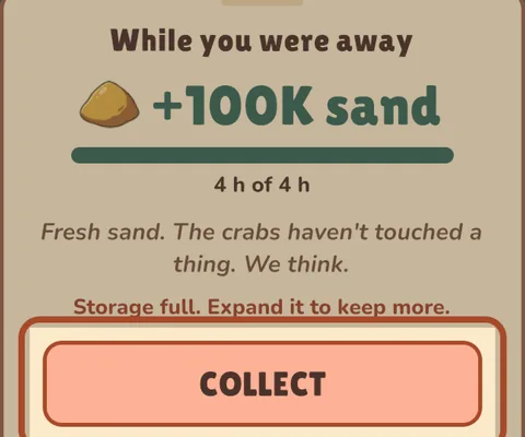 A "While you were away" panel that gives 100K sand and a Collect button.