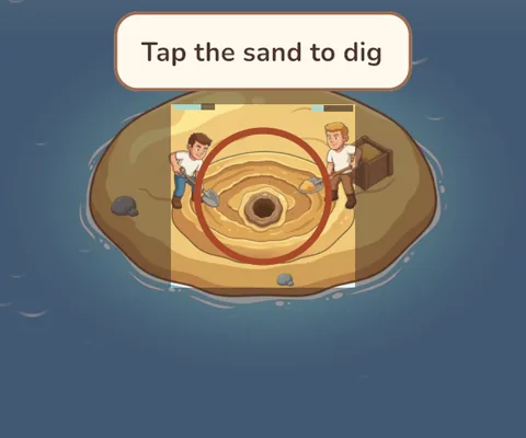 A tiny sand island with two workers digging a hole.