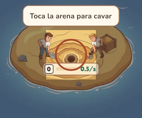 Una isla de arena diminuta con dos trabajadores cavando un hoyo.