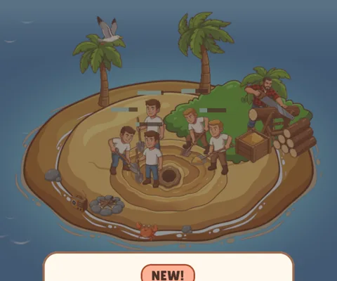 A bigger island with palm trees, five workers and a lumberjack.