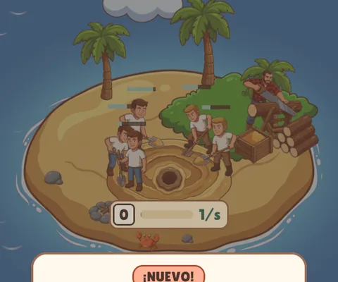 Una isla más grande con palmeras, cinco trabajadores y un leñador.